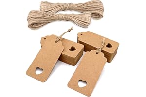 jijAcraft Étiquette Papier Kraft Étiquette Cadeaux 9,5x4,5cm, 100PCS avec Ficelle Jute, pour Mariage Saint Valentin Anniversaire Noël (Marron)