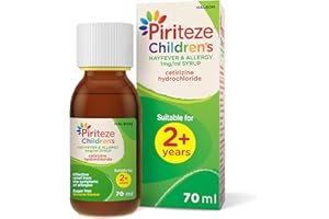 Piriteze Children’s Hayfever & Allergy Syrup. Sugar free, banana flavour syrup containing cetirizine (antihistamine). 2 years+, 70ml