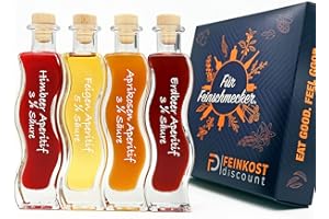 ‎FD FEINKOST DISCOUNT PremiumBOX Geschenkset & Probierset | 4 x 100ml Essig | Mann und Frau | Erdbeer Essig - Aprikosen Essig - Feigen Essig - Himbeer Essig | Feinkost Set