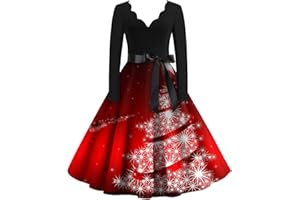 GENERIC Mode Weihnachtskleider 2024 Klassisches Basic Weihnachtskleid Lässige Langarm V Ausschnitt Kleider für Frauen Trendy Weihnachtsbaum Druck Kleid Damen Winter Übergröße Comfy Weihnachtskleider