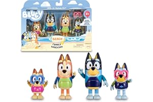 Bluey - Pack 4 Figuras Playa, Figuras articuladas Familia preparados para IR a la Playa, muñecos de la Serie Infantil, muñecos de Chilli, Bandit, Bingo Vestidos, Famosa (BLY63100)