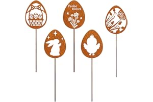 LJEVANDRIA Osterdeko für draußen Gartenstecker,Ostern Deko Frühling Garten Outdoor,Gartendeko Groß Rost Ostereier 5er Set,Blumenstecker Eier Osterschmuck wetterfest aus Metall für Terrasse Balkon Blumentopf