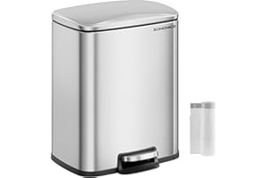 SONGMICS Poubelle de Cuisine, Poubelle à Pédale de 20 L, Bac à Ordures, Couvercle à Fermeture Douce, Reste Ouverte, Seau Intérieur, 15 Sacs Poubelles Inclus, Argent Métallique LTB543E01