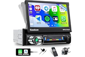 CAMECHO Radio Coche Bluetooth con Carplay et Android Auto, Autoradio 1 DIN con 7''Retráctil Automático Pantalla Táctil Reproductor Multimedia con FM/USB/SD Enlace Espejo+Cámara Visión Trasera