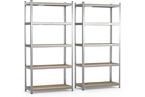 VOUNOT® 5-Tier Heavy Duty Shelving Units, Set of 2 Metal Storage Racking for Garage, Shed, Workshop & Warehouse, Freestanding Shelves, Load Capacity 1250 kg, 180 x 90 x 40 cm