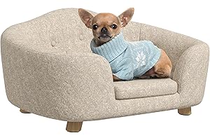 Sofa dla psa PawHut mata dla psa legowisko dla psa kanapa dla psa kota z poduszką tylna kieszeń plusz pianka drewno sosnowe kolor beżowy+jasnoszary 70 x 47 x 30 cm