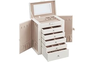 SONGMICS Jewellery Box 6 Tiers, Jewellery Case with 5 Drawers, Large Storage Capacity, with Mirror, Lockable, Jewellery Storage Organiser, Gift for Loved Ones, for Watches, Cloud White JBC152W01