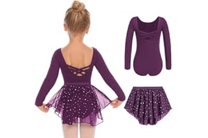 Arshiner Vêtements de Ballet pour Filles en Coton Dos Nu, Robe de Danse, Justaucorps de Danse à Manches Longues avec Jupe irrégulière en Mousseline de Soie, Justaucorps de Danse Tutu 2-10 Ans