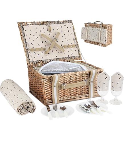 Cestino Da Picnic Per 2 Persone Valigia Picnic In Rami Di Salice Vintage Incl Posate Piatti Bicchieri Borsa Termica Interno Blu Bianco 84720091