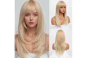 BESTUNG 613 Blonde Wig With Bangs Long Wavy Straight Wig with Layered Hair Synthetic Heat Resistant Wigs for Women Daily Party Use 26 Inches