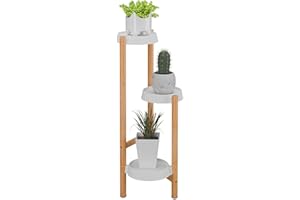 Relaxdays Stojak na rośliny, 3 półki, wewnątrz, bambus i tworzywo sztuczne, wys. x szer. x gł.: 78 x 28 x 34 cm, stojak na kwiaty, naturalny/biały