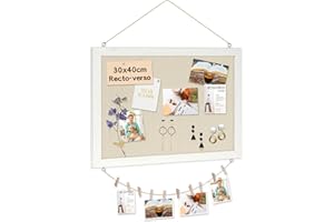 DOLLAR BOSS tableau liege mural tableau liege avec lin 30×40CM tableau d'affichage liège, tableau en liège panneau double face avec cadre en bois blanc pour la maison, la cuisine et le bureau 1 pièce