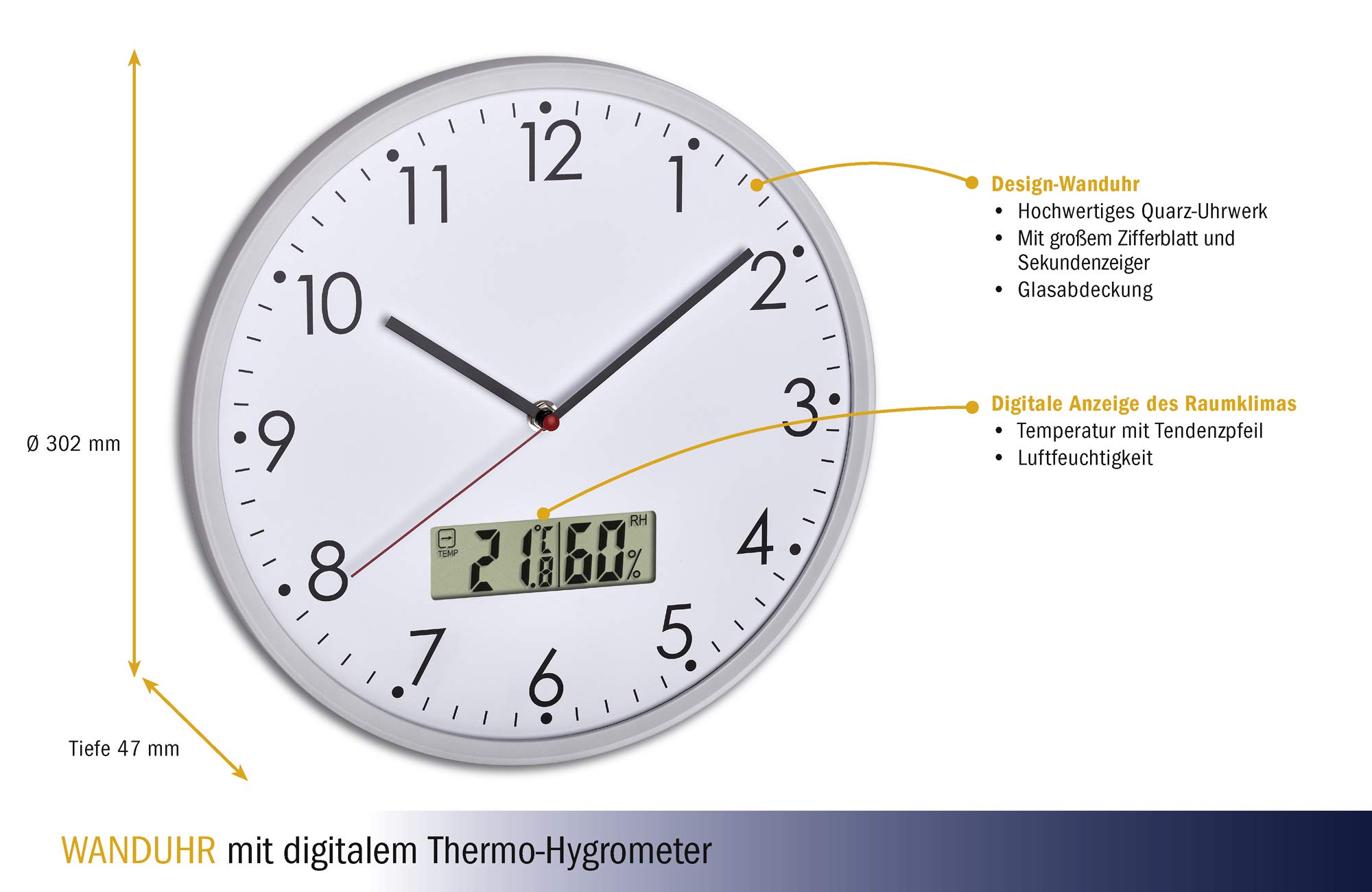 Tfa Dostmann 60304802 Orologio Analogico Da Parete Con Termometro Digitale E Igrometro In Vetro