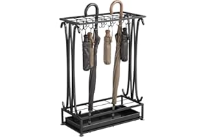 AcornFort U-21 Extra LARGE Black Metal 21 Holes Rectangle Style Umbrella Stand Walking Stick Holder With 24 Hooks and a Free Bottom Rainwater Leaking Tray 70 * 50 * 24 CM