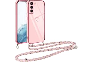 Vauki Funda con Cuerda para Samsung Galaxy S22 5G, Patrón de Corazón TPU Carcasa, con Colgante Ajustable Collar Correa para el Cuello Cadena Cuerda, AntiChoque Suave Silicona Cover, Rosa