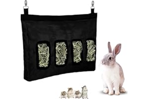 WMMDSSZ1 Bolsa Heno Comedero Heno para Mascotas Bolsa de Heno de Conejo Alimentador Colgante De Bolsas De Heno Bolsa de alimentación Colgante con 4 Orificio para Conejos, Cobayas, Animales Pequeños (Negro)