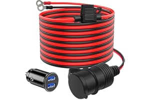 Hoembpn 2m Car Cigarette Lighter Socket Extension Cable 15AWG Power Cable with 20A Fuse 12V/24V Waterproof Heavy Duty, 12V/24V Mini Dual USB Car Charger Socket Car Boat Motorcycle,12V/24V Waterproof