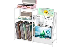 LELELINKY mueble tocadiscos,3 niveles Soporte Tocadiscos de Vinilo Hasta 200 álbumes,de Récord de Vinilo para Sala de Estar,Mesa Giratoria para Libros y Revistas(blanco)
