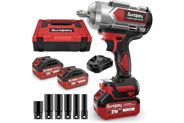 Sundpey Cle a Choc Sans Fil Brushless 1/2" 1200 Nm, Boulonneuse a Choc Brushless avec 6 Douilles à Choc, 2 Batteries 4.0Ah Longue Autonomie, Charge Rapide, 2 Lampes LED, pour Boulonner et Déboulonner