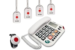 G-TELWARE MAXCOM KXT481SOS 2023-2024er Modell Haus Notruf Seniorentelefon mit Funk-SOS-Sender, Festnetztelefon - 1 Armbandsender + 4 Handsender mit Schlaufe, Carbonschwarz, Standard