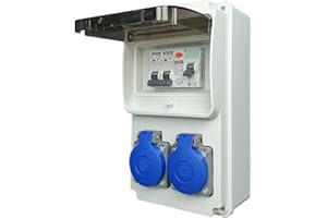 BEMKO RoadEu - Distributore di corrente 230V, 2x presa Schuko con interruttore, distributore di prese con RCD 25A tipo A/AC, 2x LS C16A. Distributore di corrente da cantiere IP44.