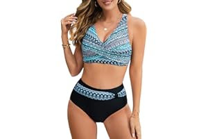 UMIPUBO Swimsuits for Women High Waisted Bikini Sets Padded Two Piece Tummy Control Swimwear Bikini Top with V Cross Ladies Swimming Costume Plus Size Bathing Suits Beachwear