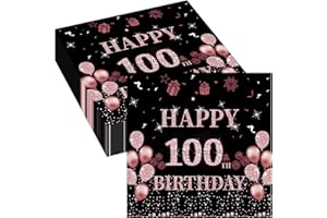 WENTSENT 100th Birthday Black Rose Napkins, Black Rose Gold Napkins Birthday for Women, 40Pcs Tableware Party Paper Napkins, 100th Birthday Party Supplies Table Decoration