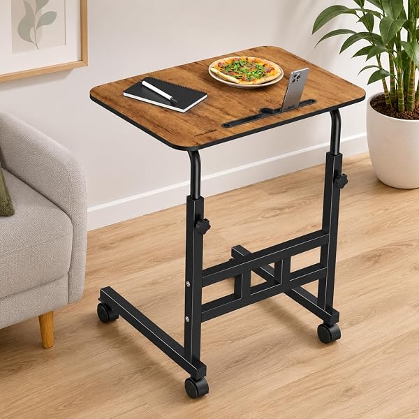 amazon basics Adjustable Sofa Side Table with Wheels, Portable Bedside Table for Bed and Sofa, Rolling Study Desk, Height Adjustable 26-34 Inch, 23.5 x 15.5 Inc