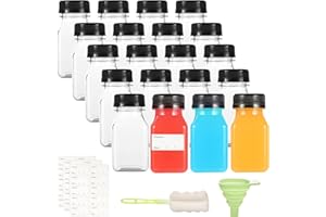 Yoosso 20 Pack 4oz/120ml Plastic Juice Bottles with Pouring Funnel and Brush, Reusable Shot Bottles with Lids for Storing Juices, Water and Other Homemade Beverages