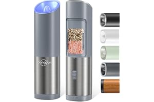 SANGCON Macina Sale Pepe Elettrico, Interruttore a Gravità, Ceramica, Macina da Fino a Grossolano, A Batteria, Luce Led, Operazione Automatica con Una Sola Mano, 2 Pacchi(Blu-Grigio)
