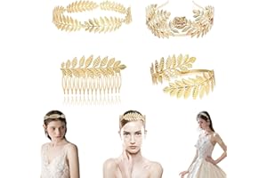 HUDIEPAN 4 Pièces Couronne de Déesse, Bandeau d'or Couronne, Bandeau de Déesse, Déesse Romaine Grecque Feuille, Grecque Romain Feuille De Bracelet, Bandeau Cheveux de Feuille pour Femme Mariage Cosplay Bijoux