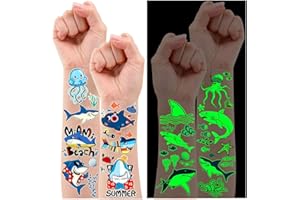 Leesgel 12 Sheets Luminous Shark Temporary Tattoos for Kids, Glow Return Gifts for Kids Birthday Shark Theme Party Decorations, Games Prizes Toys for Boys Girls Under the Sea Party Supplies