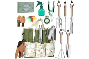 DEWINNER Outils de Jardinage, 12 pièces Ensemble de Jardinage en Acier Inoxydable avec Sac de Rangement, Râteaux,Transplanter, Gants de, Cadeaux de kit Jardinage pour Homme et Femme