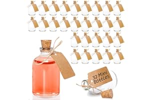 VOLILA Małe szklane butelki - (32 szt.) 50 ml mini szklane butelki z korkami, lejkiem i dostosowywanymi etykietami rzemieślniczymi na upominki ślubne, strzały, butelki na mikstury, słoiki na zaklęcia