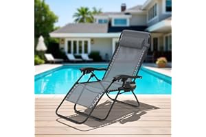 KIDSGIGGLZ Fauteuil Relax Inclinable Extra Large en Textilène, Chaise Longue Pliable, Repose-tête & Porte-gobelet, Transat de Jardin-Terrasse-Balcon Ergonomique Zéro Gravité, Bain de Soleil Charge 120kg, Gris