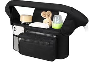 DOVAKO Baby Pushchair Organiser Pram Bag Stroller Organizer, Multifunctional Baby Pram Buggy Storage Bag with 2 Insulated Cup Holder, Detachable Pocket, Shoulder Strap, Universal Fit All Buggy Models (Black)