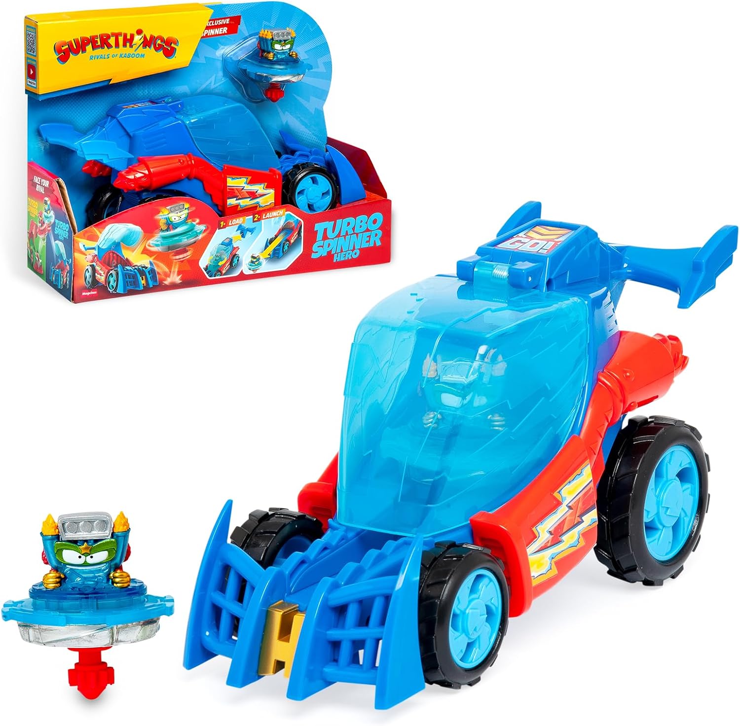 SUPERTHINGS KAZOOM Power – Turbo Spinner Héroe. Vehículo con Lanzador de peonza. Incluye 1 Turbo Spinner y 1 Kazoom Exclusivo.