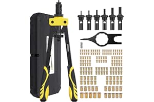 Proster 14" Rivettatrice Professionale a Doppia Impugnatura Kit Pistola a Rivetti con 6pz Mandrini Metrici Intercambiabili e 150pz Rivetti Dadi Filettati M3 M4 M5 M6 M8 M10-Giallo