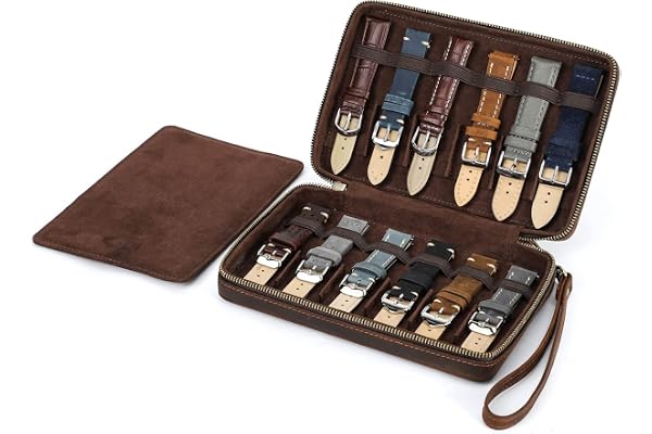Hiram Titta på Band Organizer Väska, Äkta Läder Klockarmband Resa Förvaringsfodral, 12 Titta på remmar Läder Förvaringslåda Lämplig för de Flesta Storlekar av Klockarmband