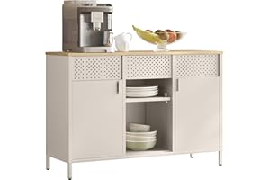 SONGMICS Armadietto, Mobiletto in Metallo, Armadio con Doppia Anta, Chiusura Magnetica, Ripiani Regolabili, Credenza in Acciaio, Beige Sabbia e Rovere Naturale LSC204LF01