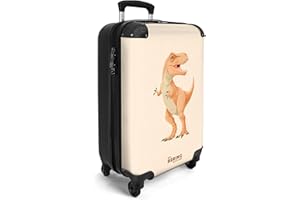 NoBoringSuitcases.com® Handgepäck Koffer Kinder 55x35x20 cm Reisekoffer Kinderkoffer mit 4 Rollen Leicht Cabin Trolley Hartschalenkoffer Flugzeug T-rex - Dino - Orange - Beige