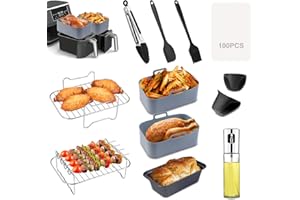 RHM Air Fryer Accessories,12Pcs Dual Air Fryer Accessories for Ninja AF300UK AF400UK/Tower T17088/Instant Vortex/Salter 7.6L-9.5L Air Fryer,with Silicone Air Fryer Liner&Racks & Bread Pan&Oil Spray Bottle