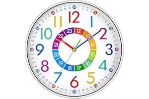 Jubaopen Lautlose Wanduhr für Kinder - Bunte Zahlen Lernuhr für Jungen und Mädchen, Quarzzeitmessung ohne Tickgeräusche fürs Zimmer und Schule