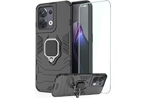 DERHAN Funda para OPPO Reno 8 5G, Fundas Resistente​y Duradero con Cristal Templado, Carcasa Antigolpes Silicona TPU Bumper Case Cover con Soporte Anillo - Negro