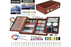 KINSPORY Maletin Pinturas para Niños, 139 piezas Juegos de Dibujo, Acuarelas Lapices con caja de madera (Marrón)
