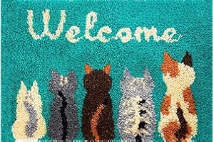 YOOTOM Kit de Tapis de Crochet à Point Noué Set Tapis à Point noué Loquet Bricolage, Création de Tapis à Crocher pour Adultes, Chats Patron Imprimé, 50x38cm