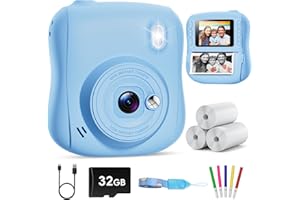 Hangrui Appareil Photo Instantané Enfant, 2,0 Pouces Écran HD Appareil Photo Enfant avec Carte de 32GB & 3 Rouleaux de Papier d'impression,Cadeau Jouet pour Enfant Garçons Filles de 3-10 Ans -Bleu