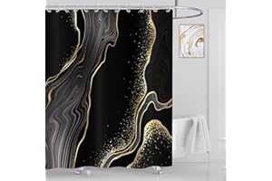 ASDCXZ Marmor Duschvorhang Schwarz Gold 180x180 cm, Modern Abstrakt Schwarz Gold Marmor Optik Textur Waschbar Bad Duschvorhänge Polyester Textil Wasserdicht Duschvorhang für Badewanne mit 12 Hake