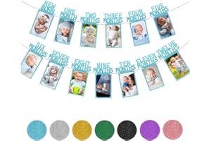 JUIVESIA Blue 1st Birthday Baby Photo Banner for Boys Girls Newborn to 12 Months Party Decoration, Monthly Milestone Photograph Bunting Garland, First Birthday Celebration Decoration