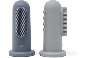 Mushie Baby Finger Toothbrushes | 1x Set of 2 Silicone Finger Toothbrush Baby | Babies First Toothbrush Soothing Irritated Gums | Material: Food-Grade Silicone (Stone/Tradewinds)